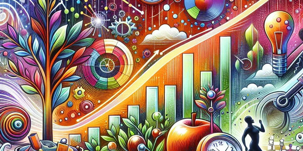 Vibrant abstract illustration with a rising line graph, book, clock, running shoe, chess pieces, and seeds.