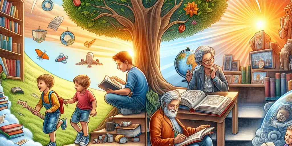 Illustration of lifelong learning journey from child to adult to elder, embracing knowledge and growth.