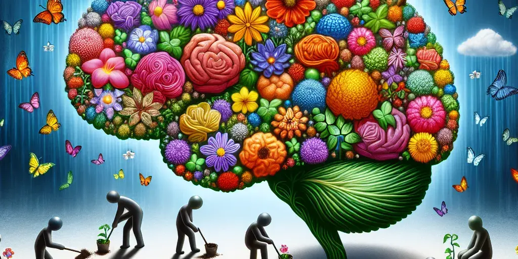 Metaphorical visualization of human brain as flourishing garden, diverse figures planting seeds - cultivating a positive mindset.