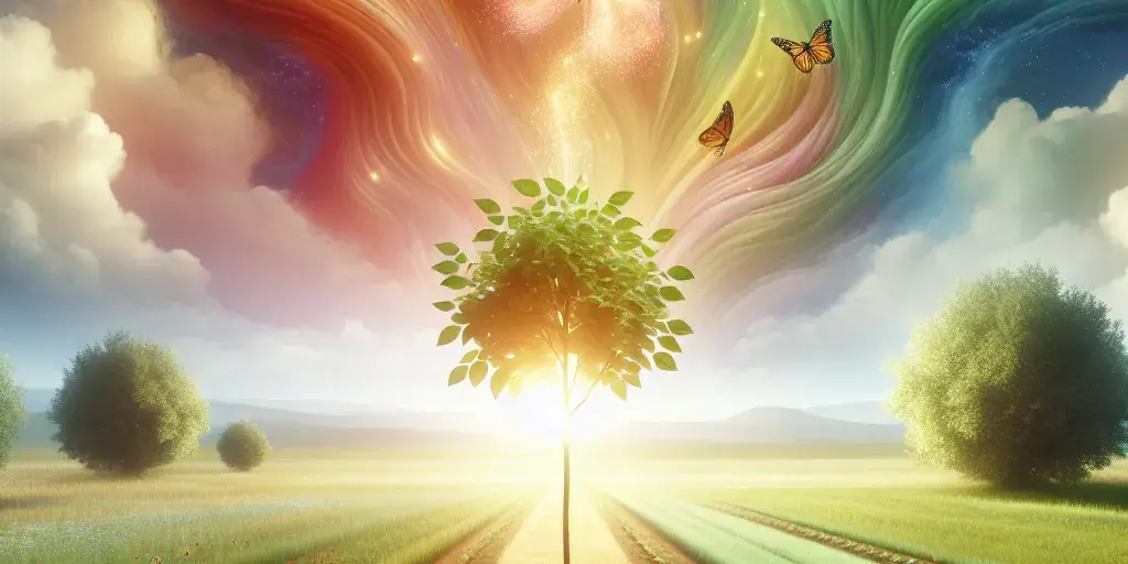 A seedling grows into a vibrant tree in a lush field under a sunny sky.